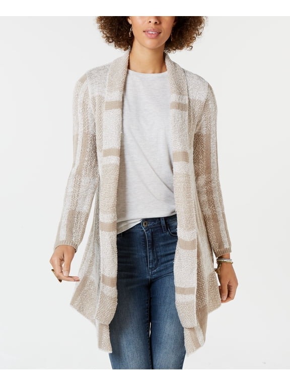 Style & Co Petite Plaid Boucle Cardigan Summer Straw PS