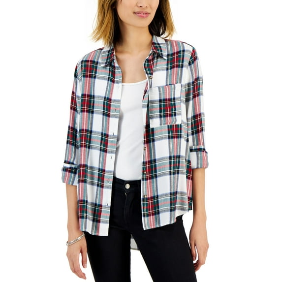 Style & Co Petite Plaid Perfect Shirt Winter White Combo PM