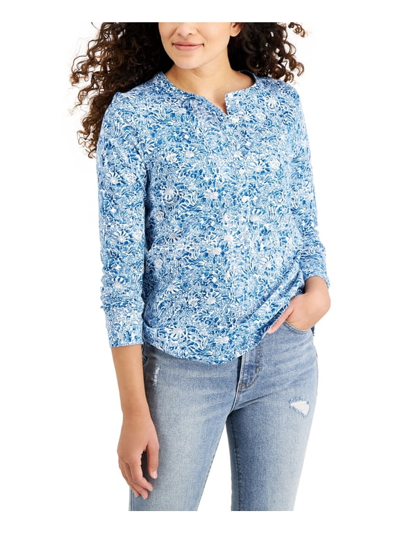 Style & Co Petite Printed Cotton Top Blue Floral PL