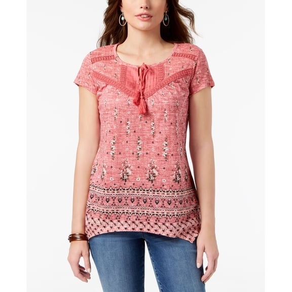 Style & Co Petite Printed Crochet Trim Top Deep Blossom PS