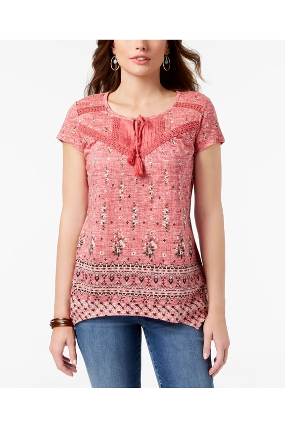 Style & Co Petite Printed Crochet Trim Top Deep Blossom PS