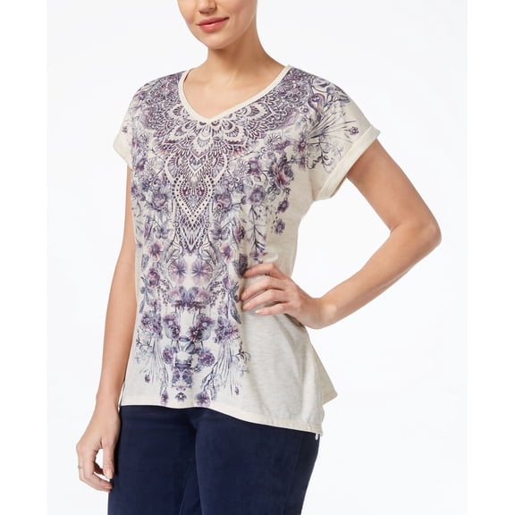 Style & Co Petite Printed Cuff Sleeve T-Shirt Folk Floral PXS