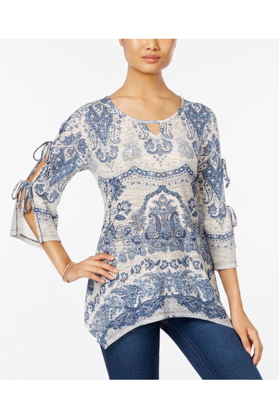 Style & Co Petite Printed Cutout Top Blue Combo PS