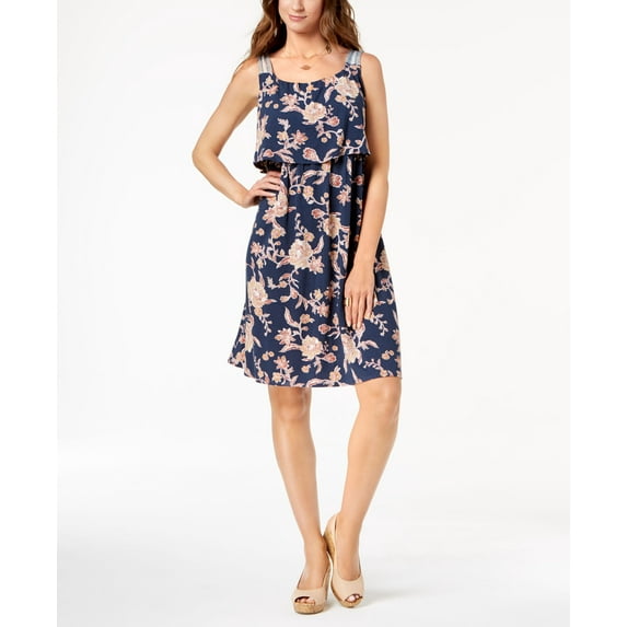 Style & Co Petite Printed Flounce Dress Lattice Blue PS