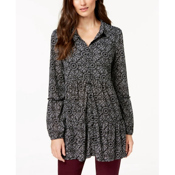 Style & Co Petite Printed Mesh Shirt Tile Black PL