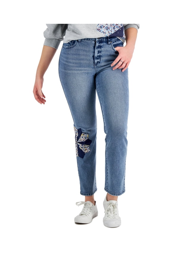 Style & Co Petite Printed Mom Jeans Ivy Blue Flower 10P