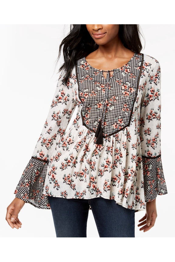 Style & Co Petite Printed Peasant Tunic Gingham Ivory PL