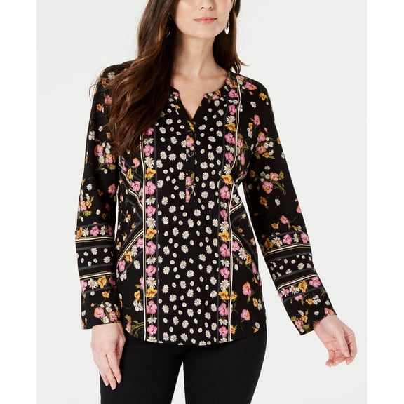 Style & Co Petite Printed Split Neck Shirt Happy Day Black PS