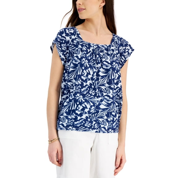 Style & Co Petite Printed Square Neck Top Blue Bar Blooms PS