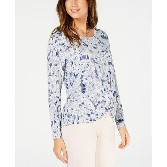 Style & Co Petite Printed Twist Front Top Blooms Navy PL