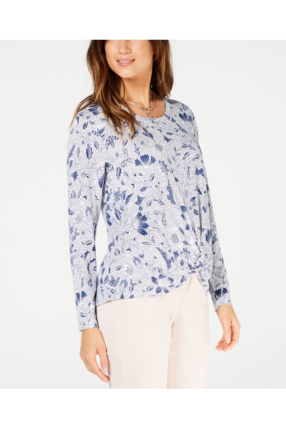 Style & Co Petite Printed Twist Front Top Blooms Navy PL