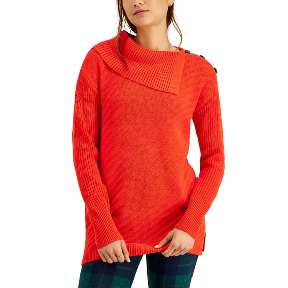 Style & Co Petite Ribbed Button Detail Tunic Sweater Fiery Red PL