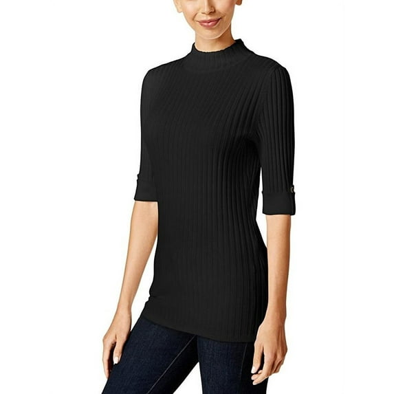 Style & Co Petite Ribbed Mock-Neck Sweater Deep Black PXS