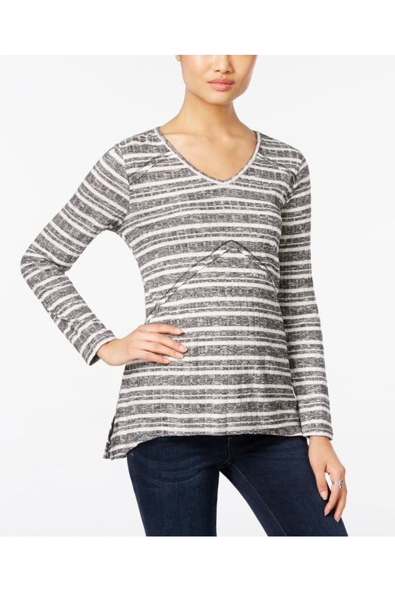 Style & Co Petite Ribbed Striped High-Low Top Black Ivory Combo PXS