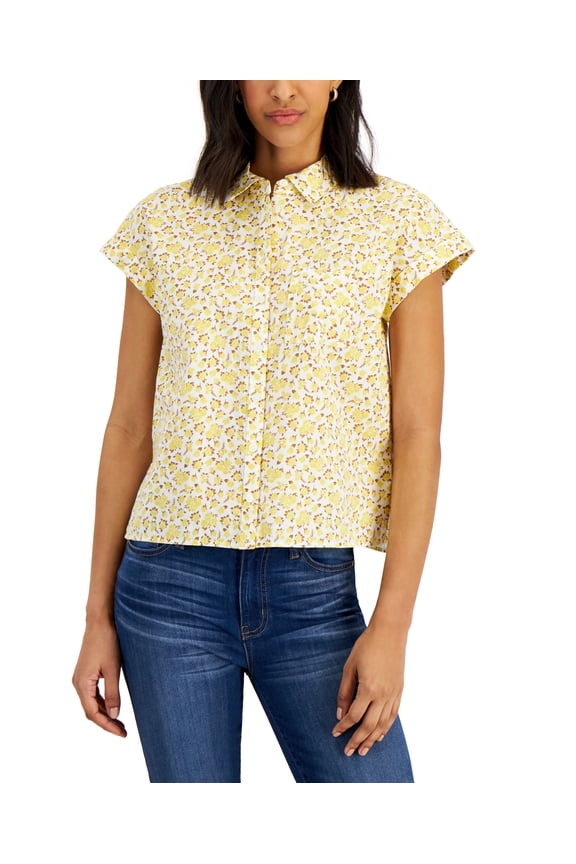 Style & Co Petite Rose Print Camp Shirt Ditsy Yellow PM