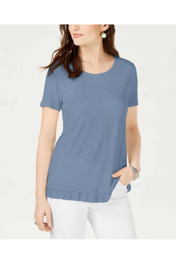 Style & Co Petite Ruffled Hem Top Blue Fog PS
