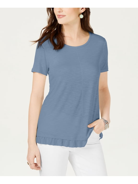 Style & Co Petite Ruffled Hem Top Blue Fog PXS
