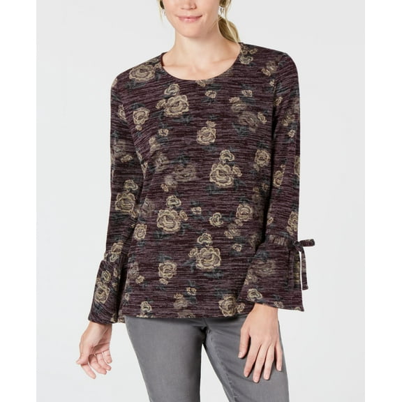 Style & Co Petite Scoop Neck Lantern Tie Long Sleeve Top Black Tower Bloom PS