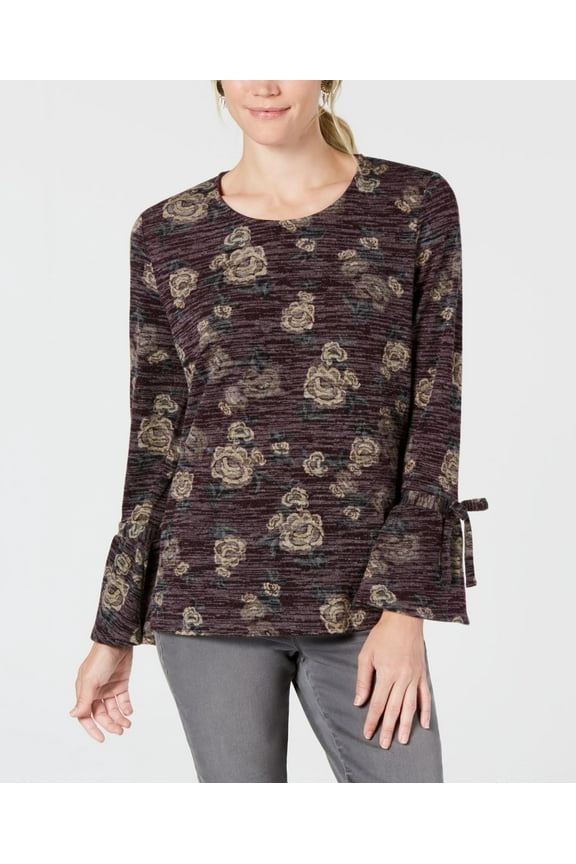 Style & Co Petite Scoop Neck Lantern Tie Long Sleeve Top Black Tower Bloom PS