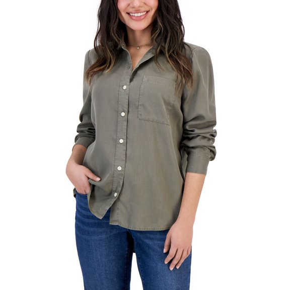 Style & Co Petite Solid Button Down Perfect Shirt Olive Drab PXL