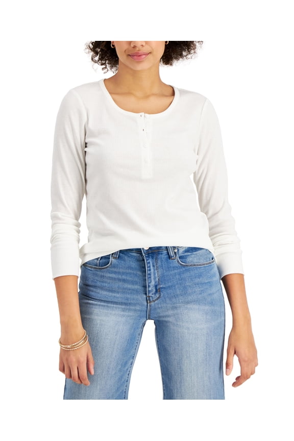 Style & Co Petite Solid Ribbed Henley Top Winter White PS