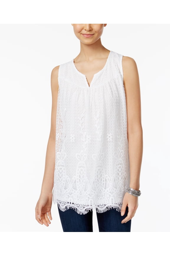 Style & Co Petite Split Neck Lace Top White PM