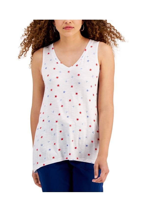 Style & Co Petite Star Print Drapey Tank Top White Stars PS