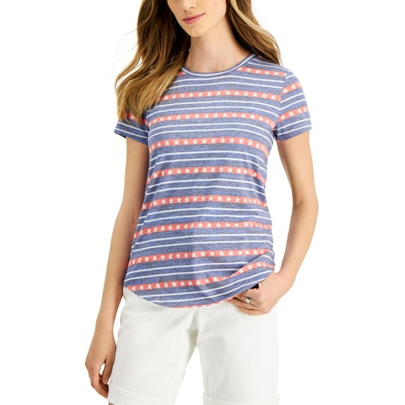 Style & Co Petite Stars Stripes Burnout T-Shirt Blue Stripe PL