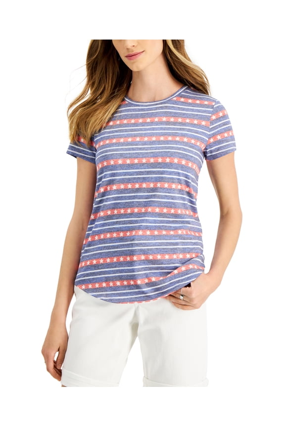 Style & Co Petite Stars Stripes Burnout T-Shirt Blue Stripe PL