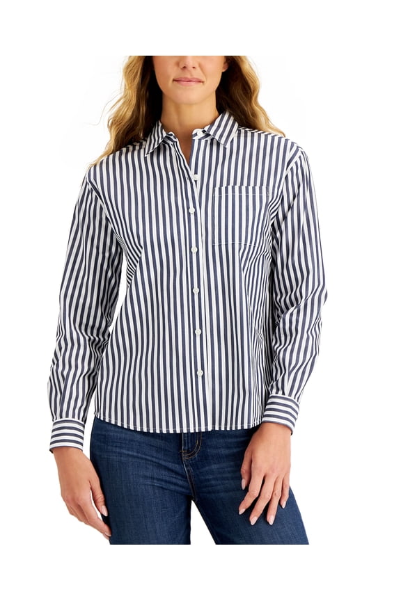 Style & Co Petite Striped Boyfriend Shirt White PXS