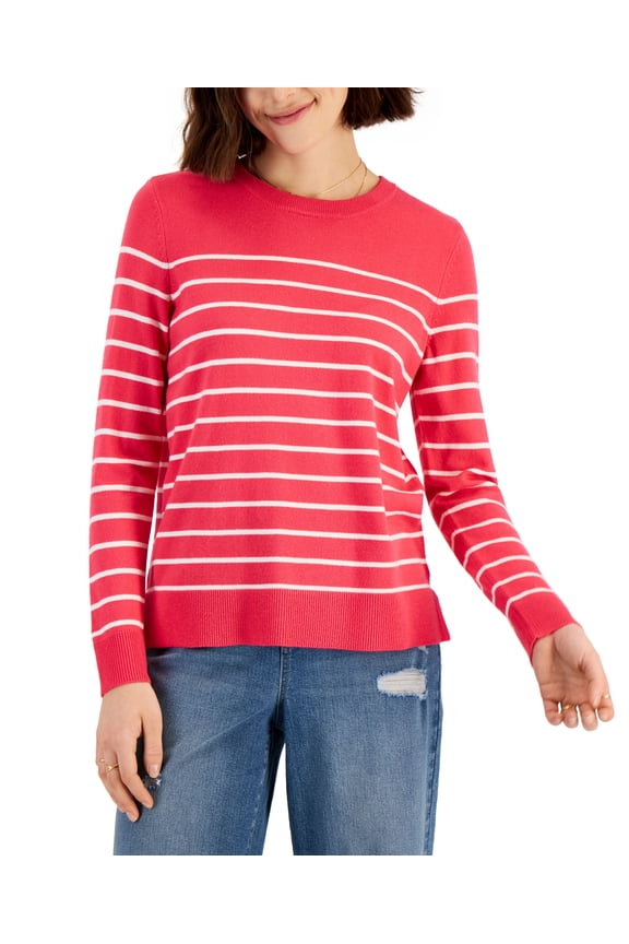 Style & Co Petite Striped Crew Neck Sweater Fire Pink PM