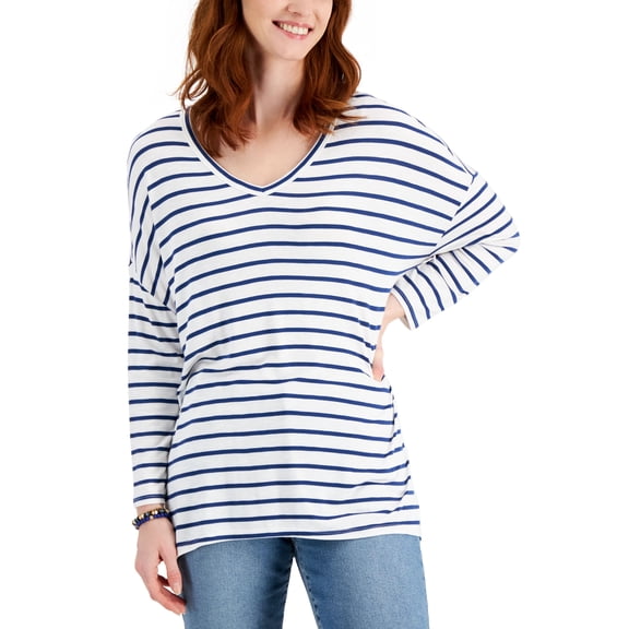 Style & Co Petite Striped Oversized Top3 White Stripe P2XL