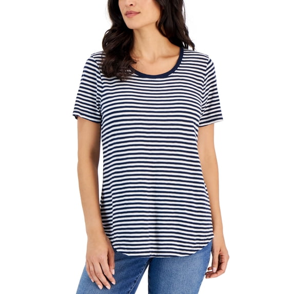 Style & Co Petite Striped Scoopneck T-Shirt Blue Corefeeder PS