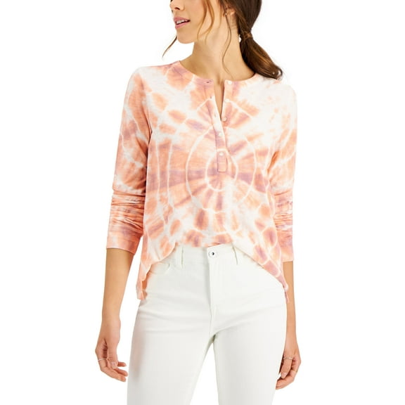Style & Co Petite Tie Dyed Cotton Henley Top Lilac Spiral PM