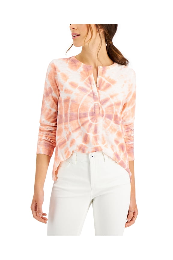 Style & Co Petite Tie Dyed Cotton Henley Top Lilac Spiral PM