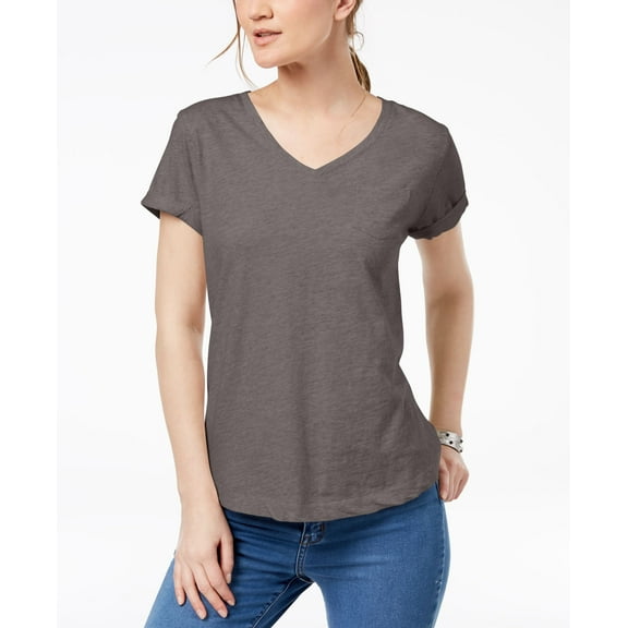 Style & Co Petite V Neck Pocket T-Shirt Bastille Grey PS