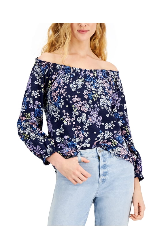 Style & Co Petite Winter Daisy Off The Shoulder Top Industrial Daisy PXL