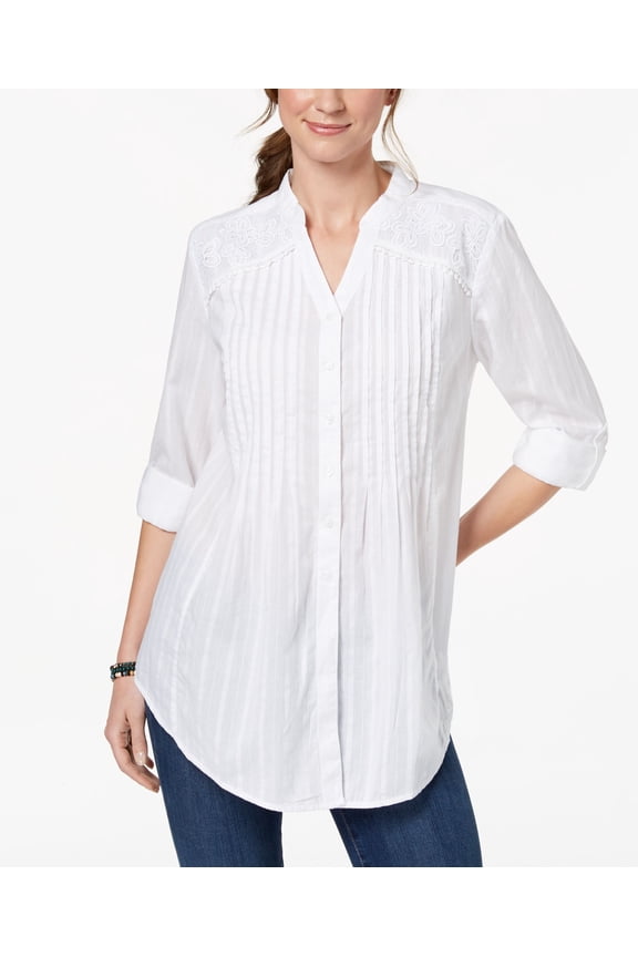 Style & Co Pintucked Lace Tunic Bright White M