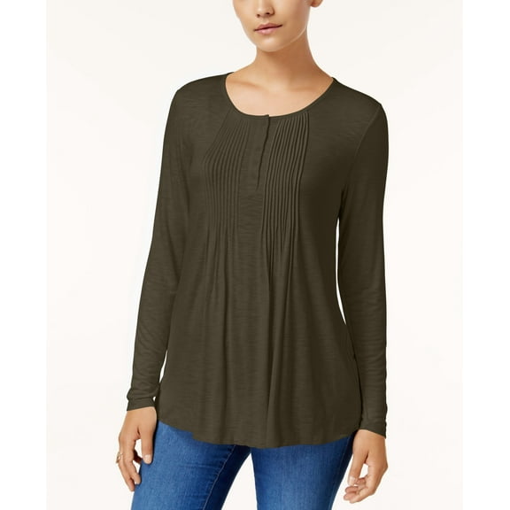 Style & Co. Pintucked Top Dark Ivy, PS Womens shirt MSRP $39 Green S