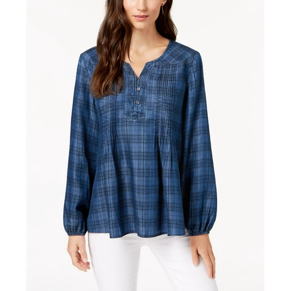 Style & Co Plaid Pintucked Peasant Top Percy Plaid S