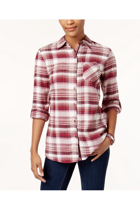 Style & Co Plaid Velvet Contrast Shirt Rio Romance XS