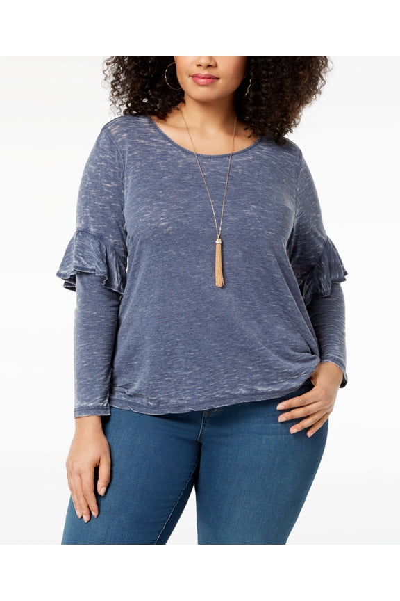 Style & Co Plus Size Burnout Ruffled Sleeve Top Blue Wash 1X