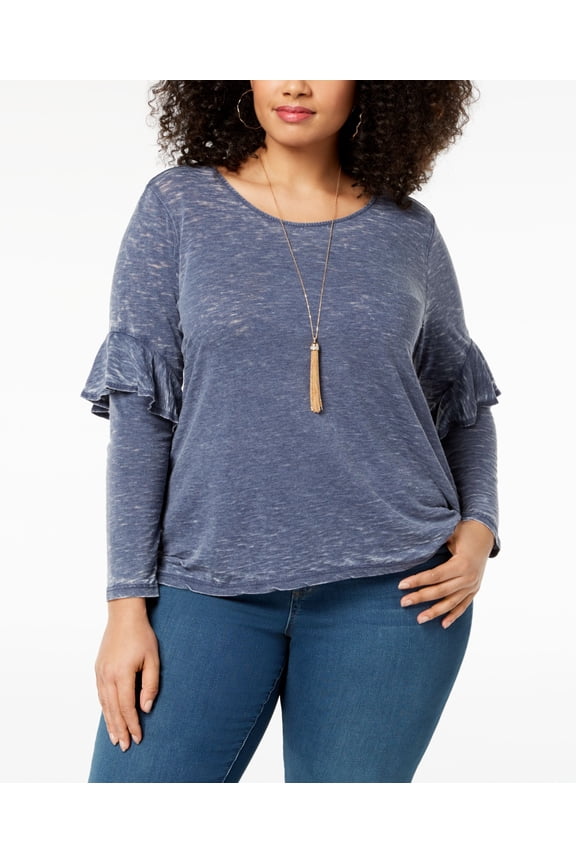 Style & Co Plus Size Burnout Ruffled Sleeve Top Blue Wash 2X