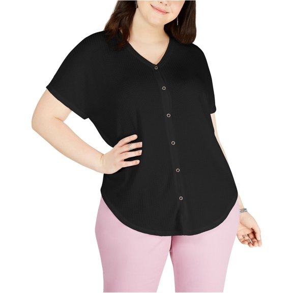 Style & Co Plus Size Button Up Top Deep Black 1X