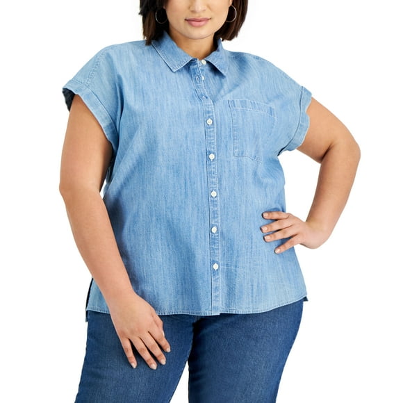 Style & Co Plus Size Chambray Cotton Camp Shirt Light Chambray 4X