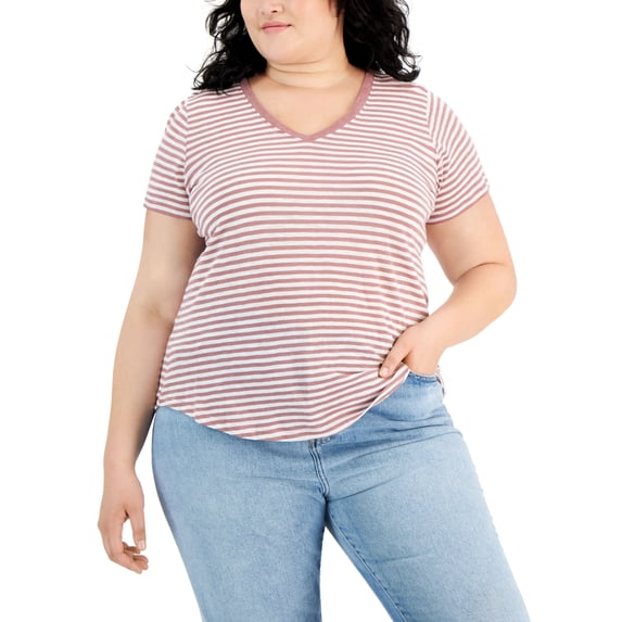 Style & Co Plus Size Classic Striped V-Neck T-Shirt Rose 1X