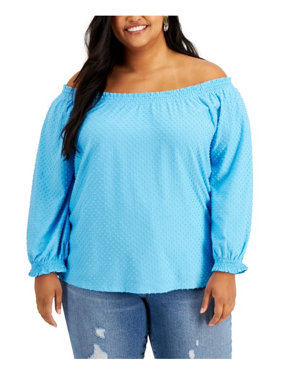 Style & Co Plus Size Clip Dot Top Aqua Blue 2X