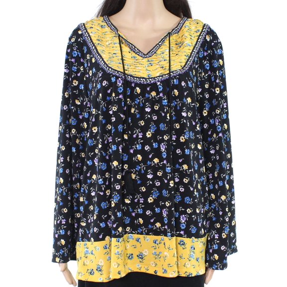 Style & Co Plus Size Contrast Print Ruched Top Black 1X