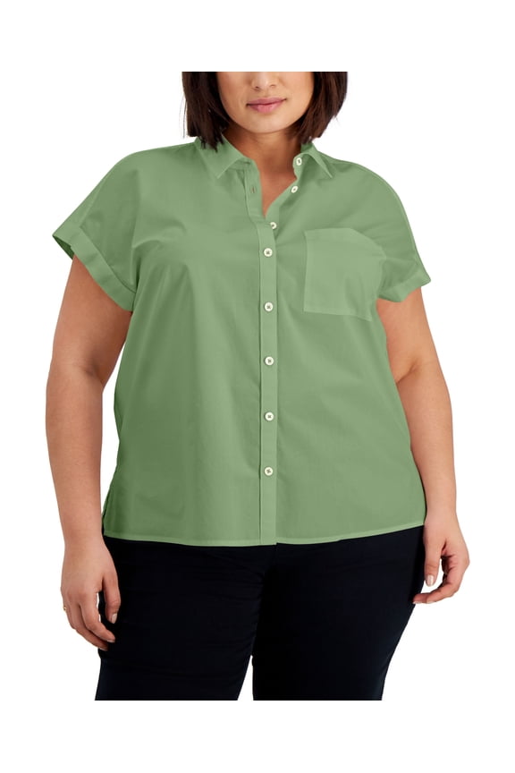 Style & Co Plus Size Cotton Camp Shirt Vine Green 0X