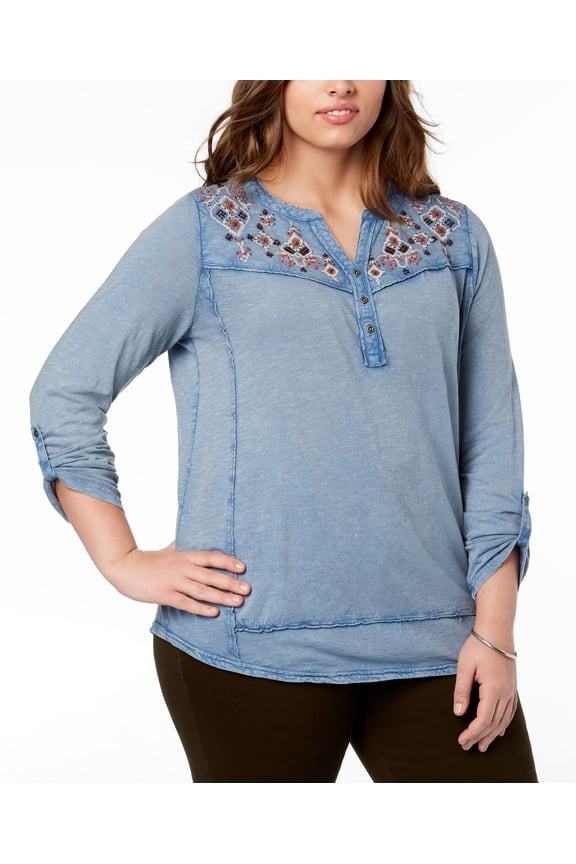 Style & Co Plus Size Cotton Embroidered Split Neck Top Blue Blank Toss 3X